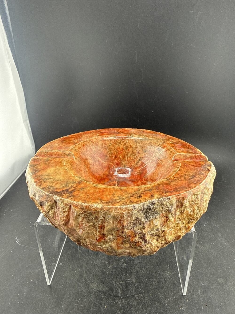 Vintage Large Natural Stone Ashtray Orange Red Polished Rough Edge MCM Decor